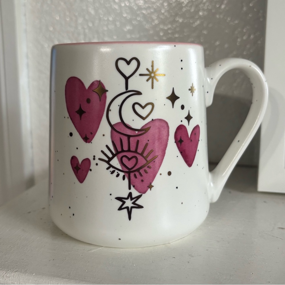 White Ceramic Mug with Pink Heart & Celestial Design